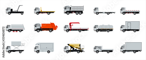 Set of trucks, commercial vehicles isolated.