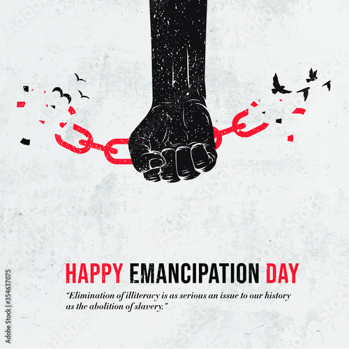 Juneteenth Freedom Day. Emancipation Day. Black Arm breaking chains. Chains breaking with doves. Liberation Day