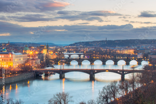Overview of Vltava river and Charles bridge and bridges of Prague, Czech Republic