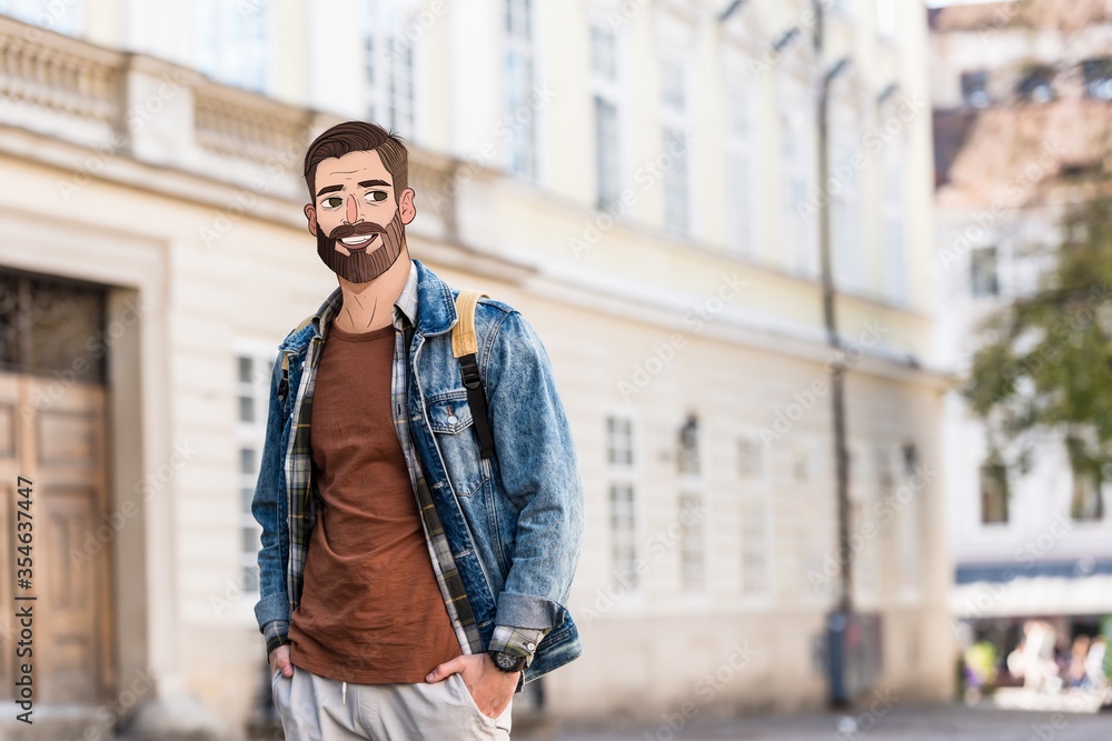 young man with hands in pockets and illustrated face in city young man with hands in pockets and illustrated face in city