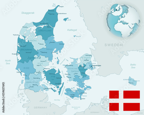 Blue-green detailed map of Denmark administrative divisions with country flag and location on the globe.