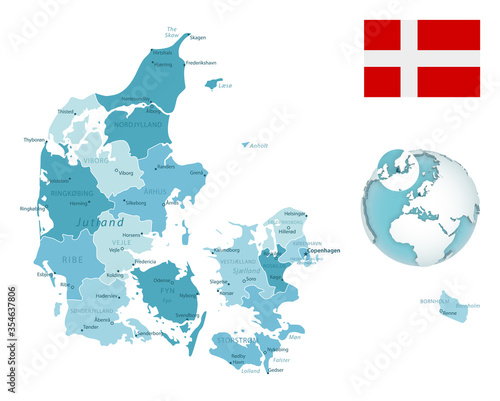 Denmark administrative blue-green map with country flag and location on a globe.
