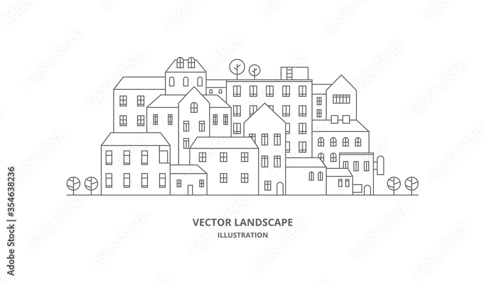 Urban landscape with building, house, and tree. Cityscape vector. Thin line style illustration.