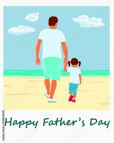 Happy Father's Day concept. Father and daughter walking at the beach. Daddy and his child playing at coastline.