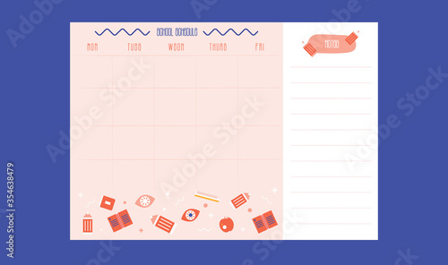 Hipster School schedule design template with elements. Vector template. Calendar Daily planner. Paper sheet.