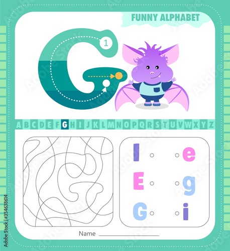 Letter G and funny cartoon bat. Alphabet a-z. Coloring page. Printable worksheet.