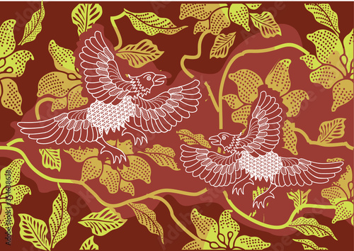 Indonesian batik motif with a very distinctive flora and fauna pattern, Vector