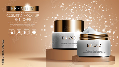 Cosmetics cream mockup banner, bottles package design Realistic on glitter particles background, vector illustration.