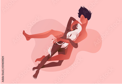Beautiful romantic couple together cuddling after sex. Intimate or sexual relationship of young man and woman. Pale pastel colours vector illustration in flat style.