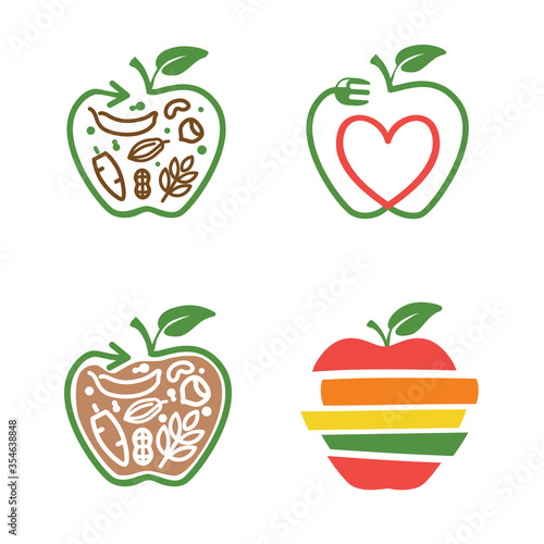 Fototapeta Naklejka Na Ścianę i Meble -  set of health food symbols. apple symbol with arrow line and leaf, fork, heart, vegetarian food set of icons
