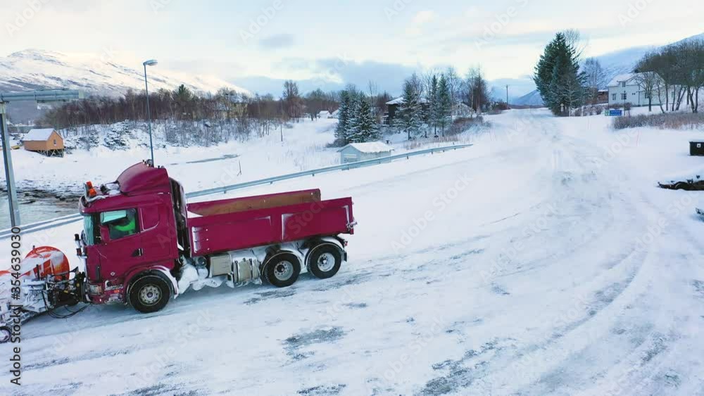 Snow removal on the roads in Norway. Aerial photography. Panoramic view