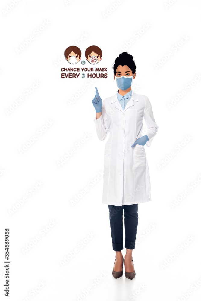 african american doctor with illustrated face in medical mask pointing with finger at change your mask every 3 hours illustration on white african american doctor with illustrated face in medical mask pointing with finger at change your mask every 3 hours illustration on white
