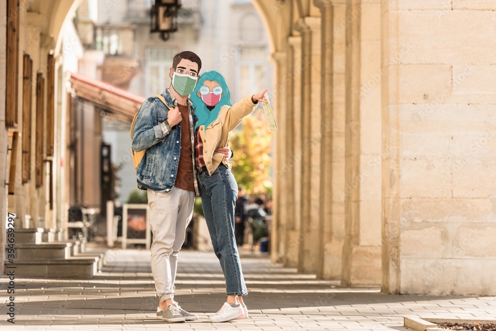couple of tourists with illustrated faces in medical masks hugging on street and pointing with finger away