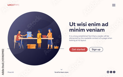 Children presenting cyborg at robotics class. Children showing robot to teacher. Vector illustration for education, robotic technology, school project concept