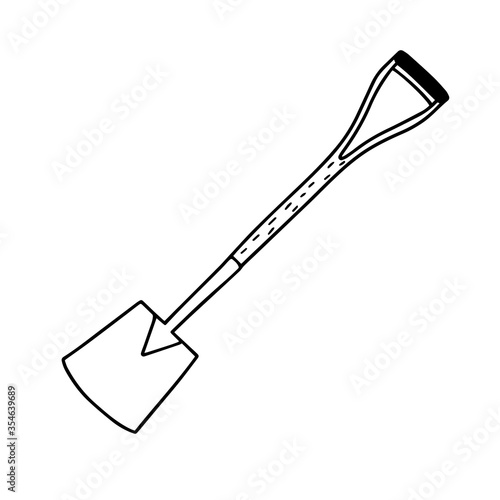 Garden shovel isolated on a white background. Shovel for earthworks. A tool for digging and replanting plants. Vector illustration in Doodle style