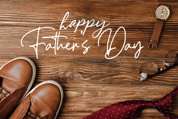 Top view of mens beige casual shoes, polka dots red tie, wristwatch and glasses on wooden background, happy fathers day illustration