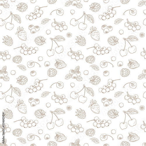 Outline hand drawn seamless berry pattern (flat style, thin line)