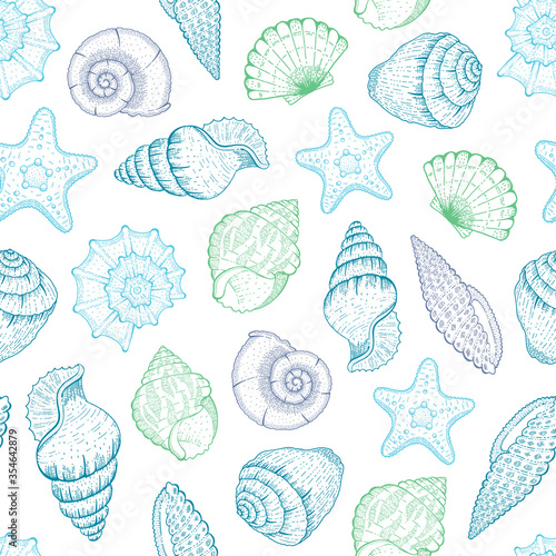 Sea Shell Pattern. Seashell seamless vector background. Ocean beach illustration with sketch starfish, shells, tropic seashells. Summer marine vintage print. Hand drawn underwater life blue graphic