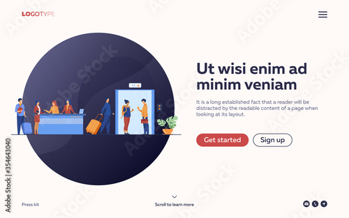 Tourists with luggage waiting at hotel reception desk, walking through lobby to elevator. Receptionists welcoming guests at counter. Vector illustration for hotel business, hospitality, travel concept