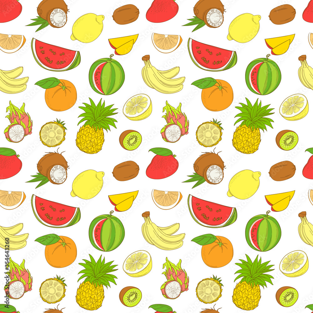 Outline hand drawn seamless colorfull fruit pattern (flat style, thin line). Mango, coconut, lemon, kiwi, orange, watermelon, banana, dragonfruit, pineapple. Outline hand drawn seamless colorfull fruit pattern (flat style, thin line). Mango, coconut, lemon, kiwi, orange, watermelon, banana, dragonfruit, pineapple.