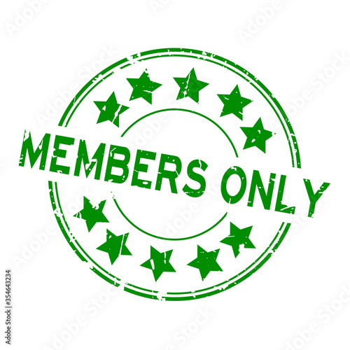 Grunge green members only word with star icon rubber seal stamp on white background