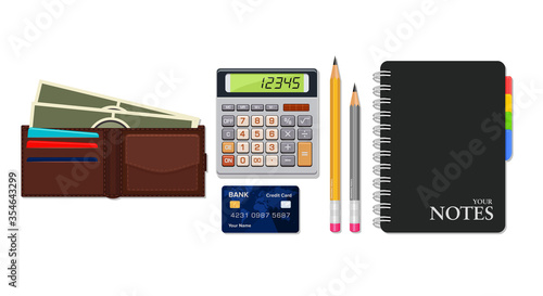 Vector illustration of a calculator, wallet, credit card, and notebook. Suitable for design elements of financial, banking and economic accountant activities. Collection of objects related to finance.