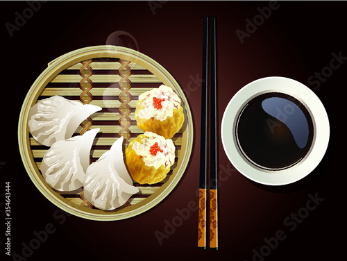 Vector of Dim Sum in Bamboo Steamer with chopsticks and sauce on brown background.