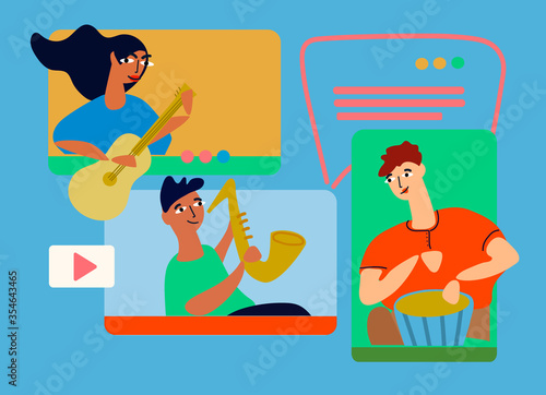 Musical band making online performance using video conferencing platform. Home concert online. Video conferencing software ad. Social distancing concept. Vector illustration in flat style