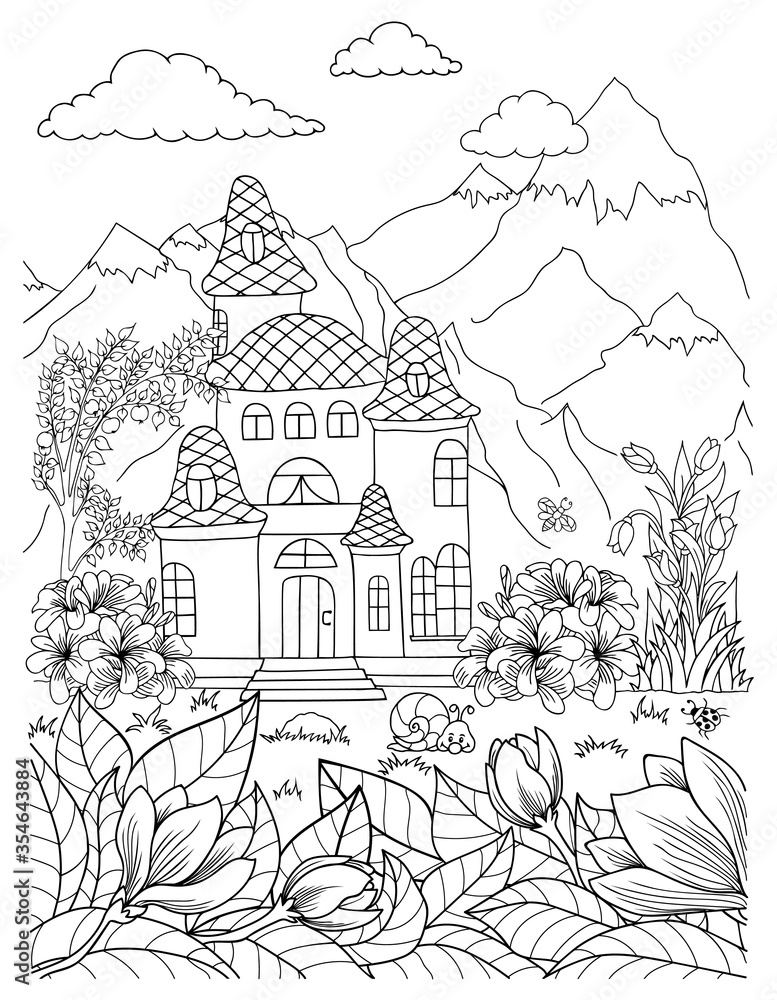 Illustration. Palace in a meadow of flowers near the mountains. Coloring book. Antistress for adults and children. The work was done in manual mode. Black and white.