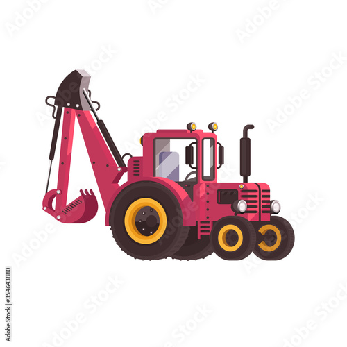 A tractor with a bucket. Vector illustration in flat style.