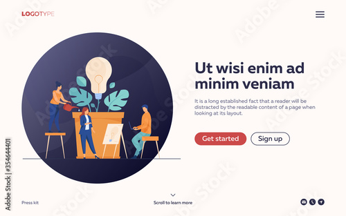 Business team discussing new ideas and innovations. Group of people growing lightbulb plant. Vector illustration for teamwork, ecology, innovation, growth, eco energy concept