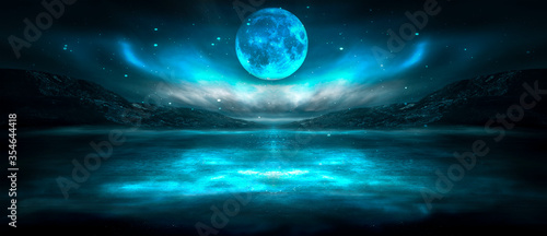 Modern futuristic fantasy night landscape with abstract islands and night sky with space galaxies. Multicolor neon glow. Reflection of light in water, stars. Empty scene, landscape. © MiaStendal