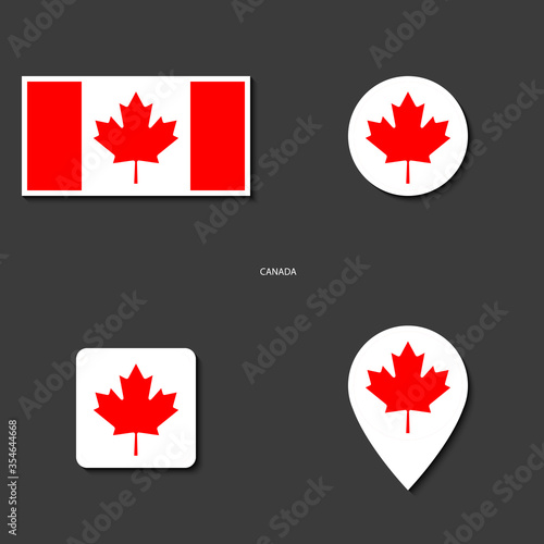 Canada flag icon set in different shape (rectangle, circle, square and marker icon) on dark grey background. Canada sticker flag collection on barely dark background.