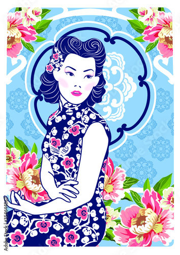Vector Blue and White Chinese Lady in Retro Style with Peony Flower on Art Nouveau background.