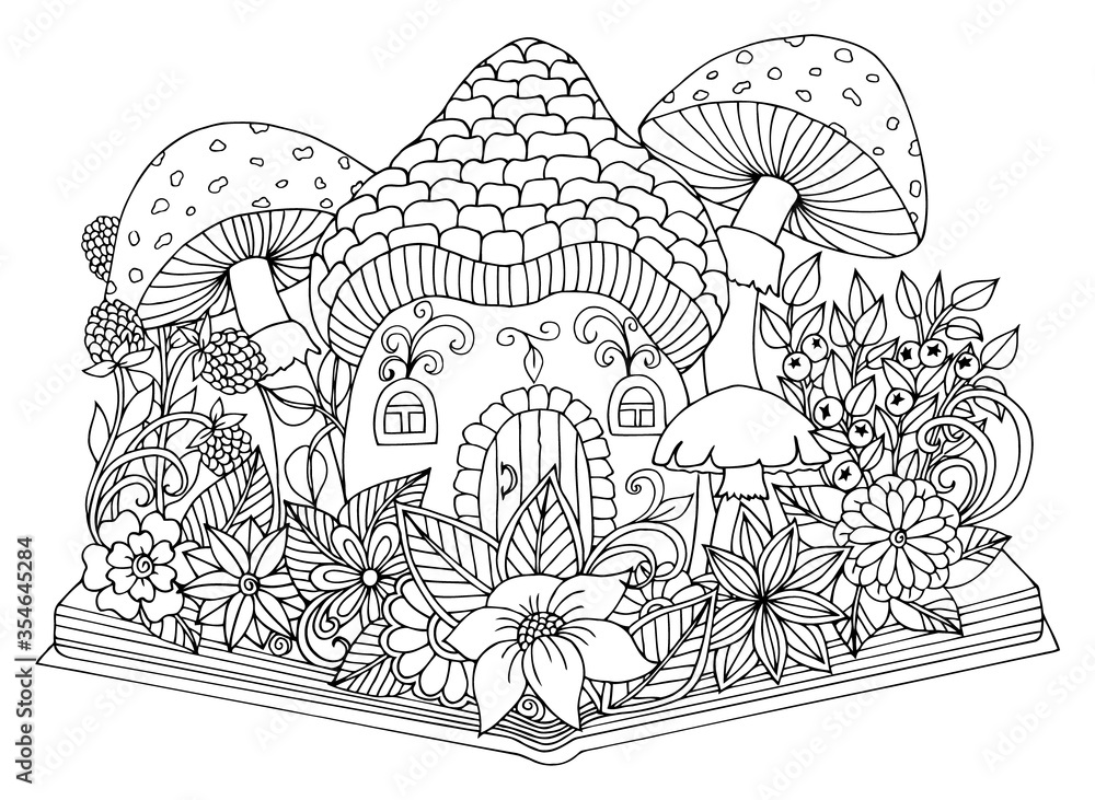 Illustration, travel to the country of fabulous books. Coloring book. Antistress for adults and children. The work was done in manual mode. Black and white. Illustration, travel to the country of fabulous books. Coloring book. Antistress for adults and children. The work was done in manual mode. Black and white.