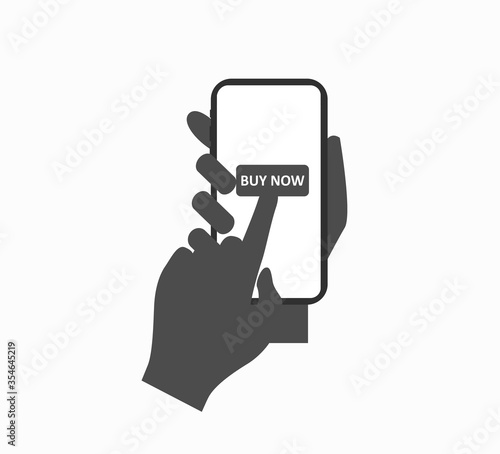 hand with smartphone - online shopping button buy now, order goods