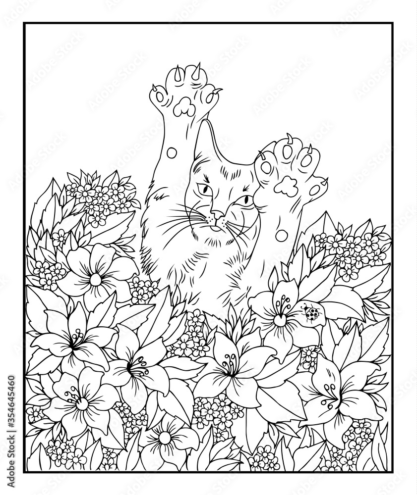 Naklejka premium Illustration. A cat in a frame peeks out of lily flowers. Coloring book. Antistress for adults and children. The work was done in manual mode. Black and white.