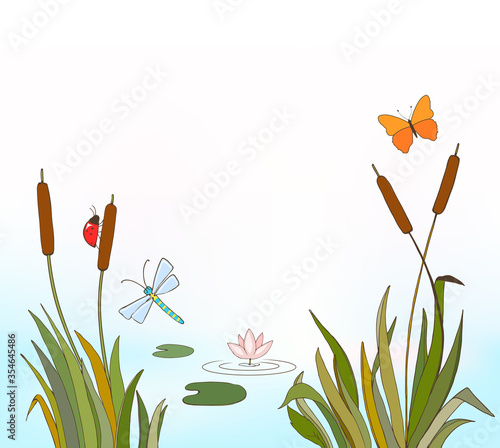 cartoon vector illustration of reeds and flying insects, waterlily on lake as nature background