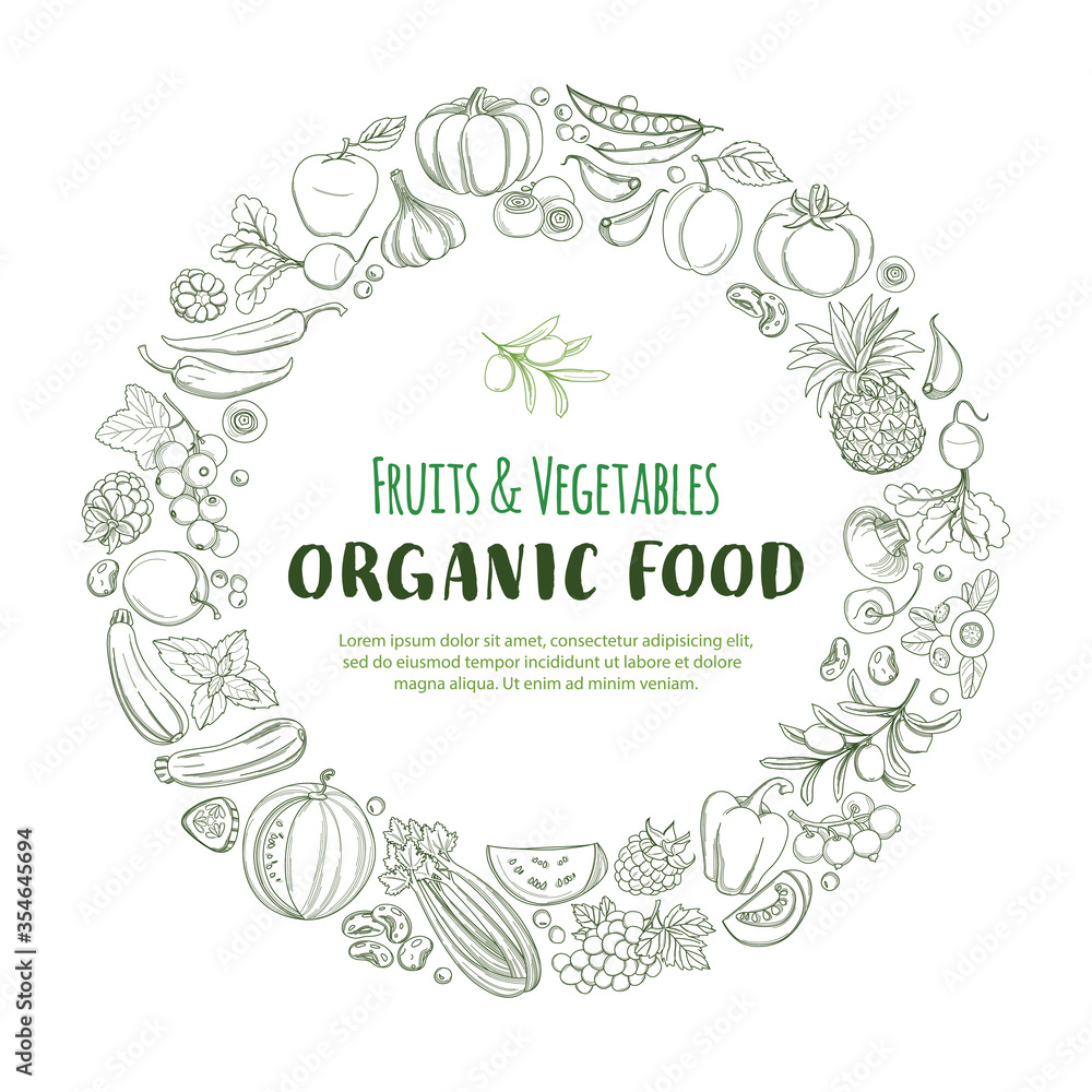 Round Frame border pattern organic farm fresh fruits and vegetables Round Frame border pattern organic farm fresh fruits and vegetables