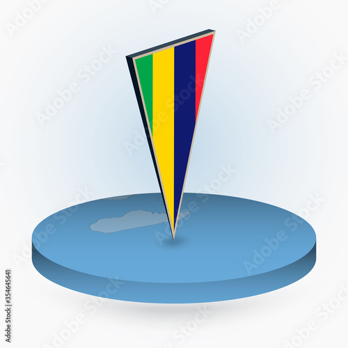 Mauritius map in round isometric style with triangular 3D flag of Mauritius photo