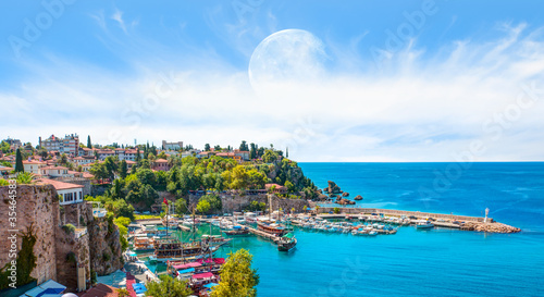 Panoramic view of Old Town port with full moon on the background Mediterrranean Sea - Antalya, Turkey "Elements of this image furnished by NASA "