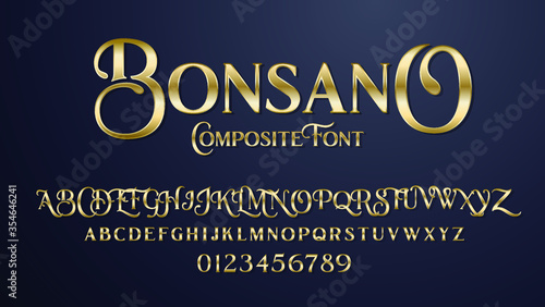 vector composite font Bonsano. elegant serif alphabet set. lowercase and uppercase letters as well as numbering from 0-9. Great for a luxury party and expensive advertising. Composite Font