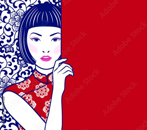 Vector Blue and White Japanese Lady in Retro Style with Japanese Flower pattern behind red space background.