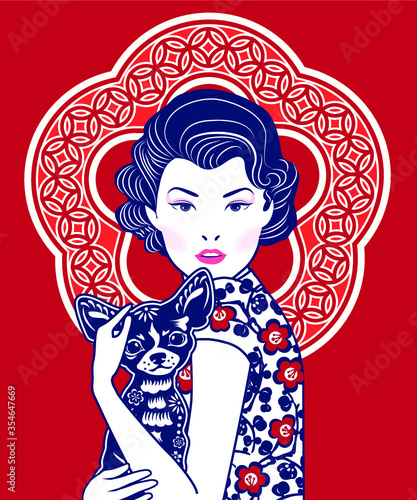 Chinese Lady hug a dog. Year of dog. Vector, illustration