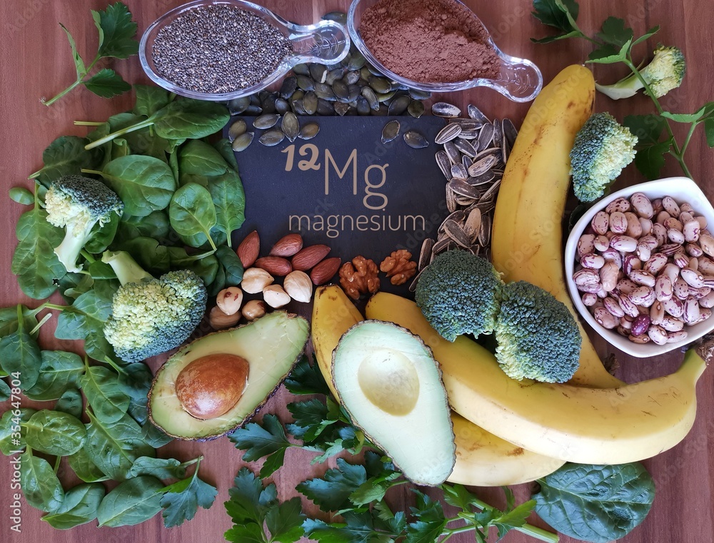 Foods rich in magnesium with the chemical symbol Mg for the chemical