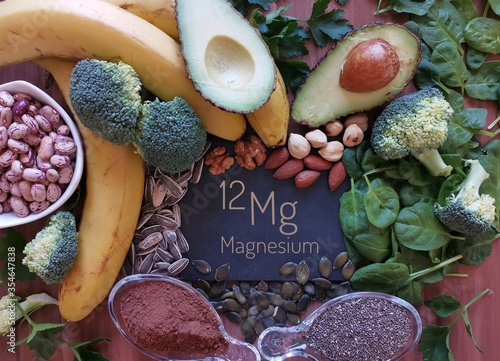 Foods rich in magnesium with the chemical symbol Mg for the chemical element magnesium. Natural sources of magnesium: avocado, nuts, broccoli, banana, cacao, chia, sunflower seed, spinach, beans. photo