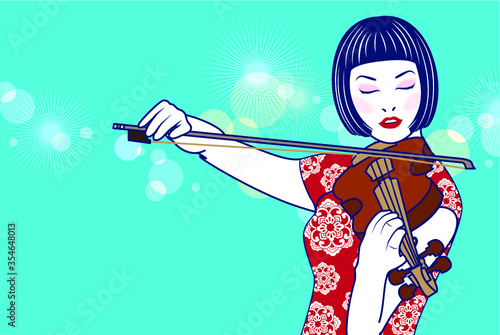 Vector Beautiful Lady Chinese playing the violin on light blue background.