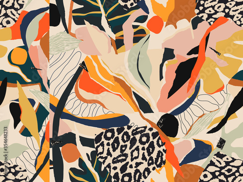 Modern colorful abstract pattern with leopard print. Creative collage contemporary seamless pattern. Fashionable template for design.