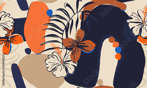 Hand drawn floral abstract pattern. Creative collage contemporary seamless pattern. Natural colors. Fashionable template for design.