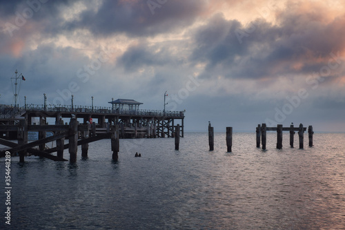Morning view of a sea pier in the south of England on the shore of a sea bay. Swanage Bay  United Kingdom